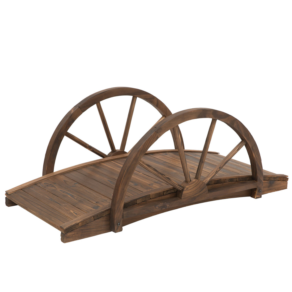 Garden Bridge with Stained Finish - Wooden Arc Structure with Wheeled Railings, 100L x 50W x 37H cm - Elegant Outdoor Pond and Yard Decor Accessory