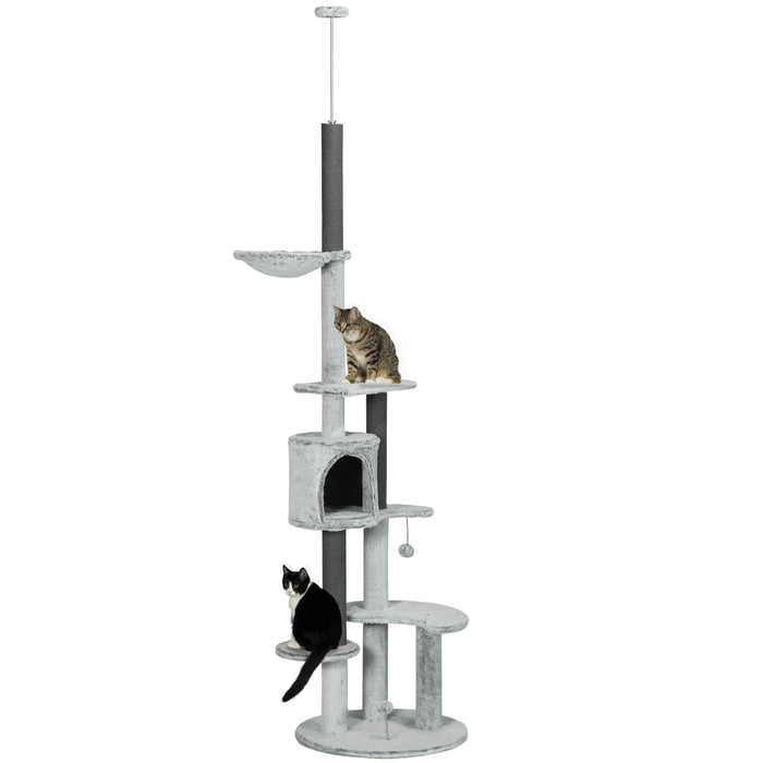 Height-Adjustable Cat Tower - 255cm Floor-Ceiling Tree, Scratching Posts, Hammock, Cozy House, Sturdy with Anti-tip Kit, Perches & Toys - Ideal for Climbing & Lounging Felines