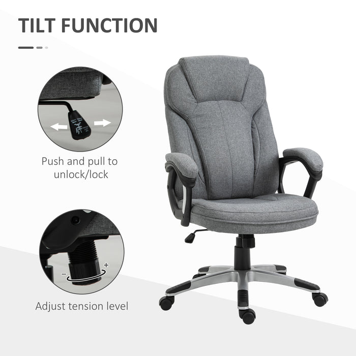 Height Adjustable Grey Linen Fabric Swivel Chair - Ergonomic Home Office Computer Chair with Padded Armrests and Tilt Function - Comfortable Seating for Work and Study