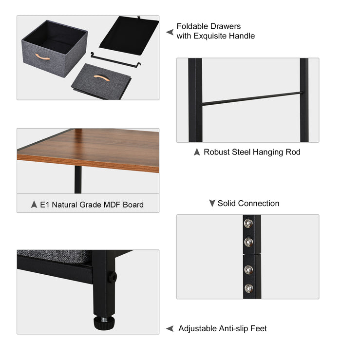 3-Drawer Chest with Coat Rack - Steel Frame & Black Brown Finish for Bedroom or Hallway - Space-Saving Organizational Furniture