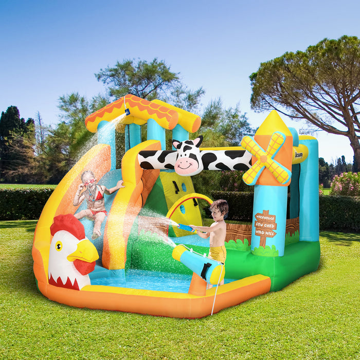 Kids Bounce Castle Farmhouse - 5-in-1 Inflatable Playhouse with Slide, Trampoline, Pool, Water Cannon & Climbing Wall - Complete Set with Inflator & Carry Bag for Ages 3-8