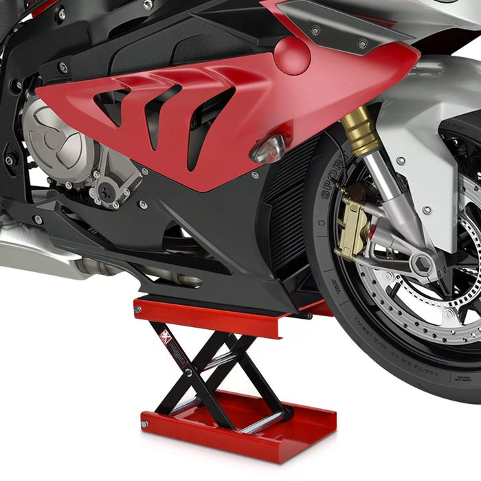 Heavy-Duty Steel Motorcycle Lift Platform - Manual Operation, Garage Repair Jack Stand, Red - Ideal for Bikers and Mechanics