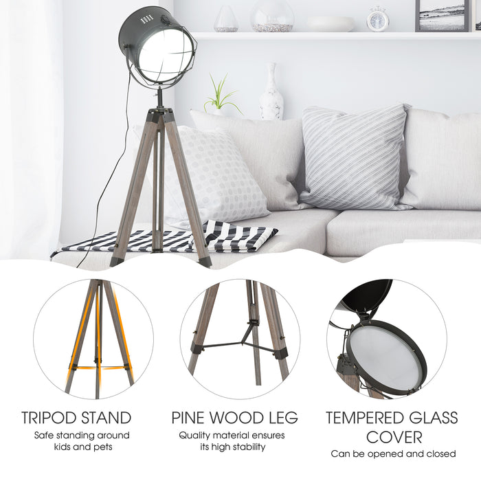 Vintage Spotlight Tripod Floor Lamp - Industrial Style, Wooden Legs, E27 Base, Adjustable Reading Lamp - Ideal for Living Room and Bedroom Lighting