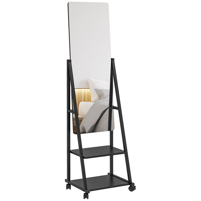 Adjustable Full-Length Rolling Mirror - Freestanding Dresser Unit with Storage Shelves and Angle Customization - Ideal for Bedroom Space Optimization