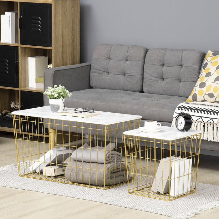 Wire Basket Side Table Duo - Faux Marble Top End & Coffee Tables for Home Decor - Elegant Storage Solution for Living Room & Bedroom