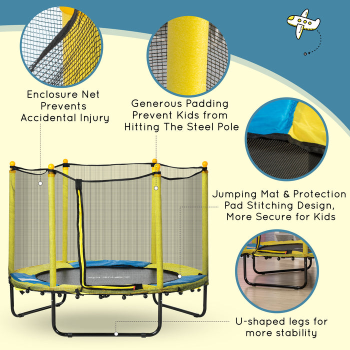 55 Inch Children's Indoor Trampoline with Safety Enclosure - Durable Jumping Mat with Protective Pads, Ideal for Ages 1-10 - Fun Exercise and Activity for Young Kids