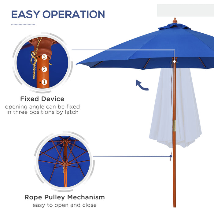 Wooden 2.5m Garden Parasol - Outdoor Sun Shade Umbrella with Ventilated Canopy, Blue - Ideal for Patio, Market & Backyard Relaxation