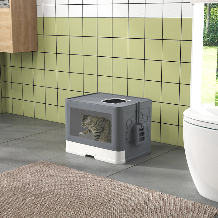 Enclosed Cat Litter Box with Dual Entry/Exit - Front Access & Top Escape, Drawer Tray, Scoop, Brush - Ideal for Easy Cleaning & Odor Control