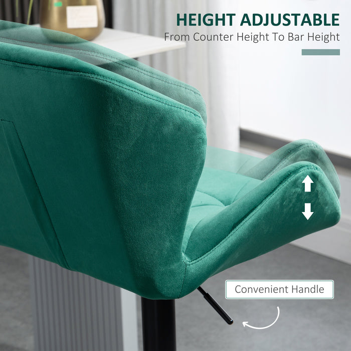 Luxurious Velvet Swivel Bar Stools - Pair of Adjustable Height Barstools with Metal Frame, Footrest, and Round Base - Ideal for Kitchen Island and Home Bar Comfort Seating in Green