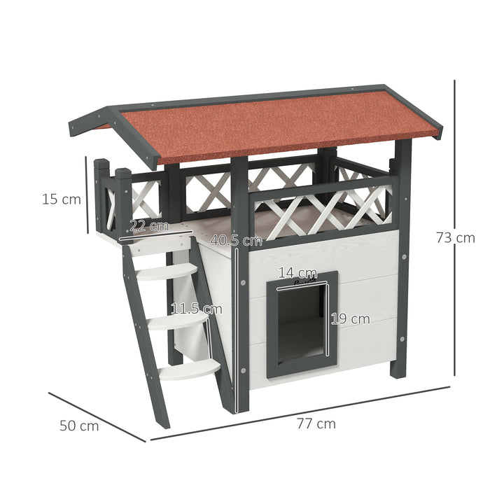 Outdoor Cat Shelter with Balcony and Stairs - Weatherproof Wooden Design, Rooftop, 77 x 50 x 73 cm, White - Ideal for Feline Outdoor Safety and Comfort