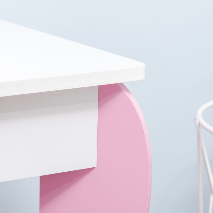 Kids Vanity Table and Stool Set - Pink Makeup Desk with Mirror, Drawer, and Cute Patterns - Ideal for Girls Aged 3-6 Years Old