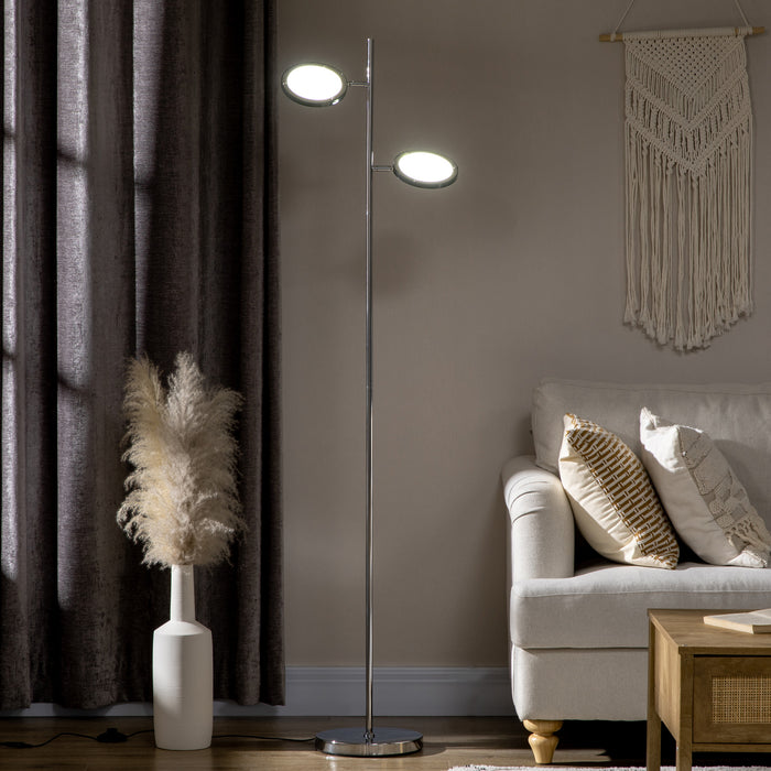 Chrome LED Floor Lamp with Dual Adjustable Heads - Modern Standing Light for Living Room - 25x25x165cm Bright Illumination Fixture