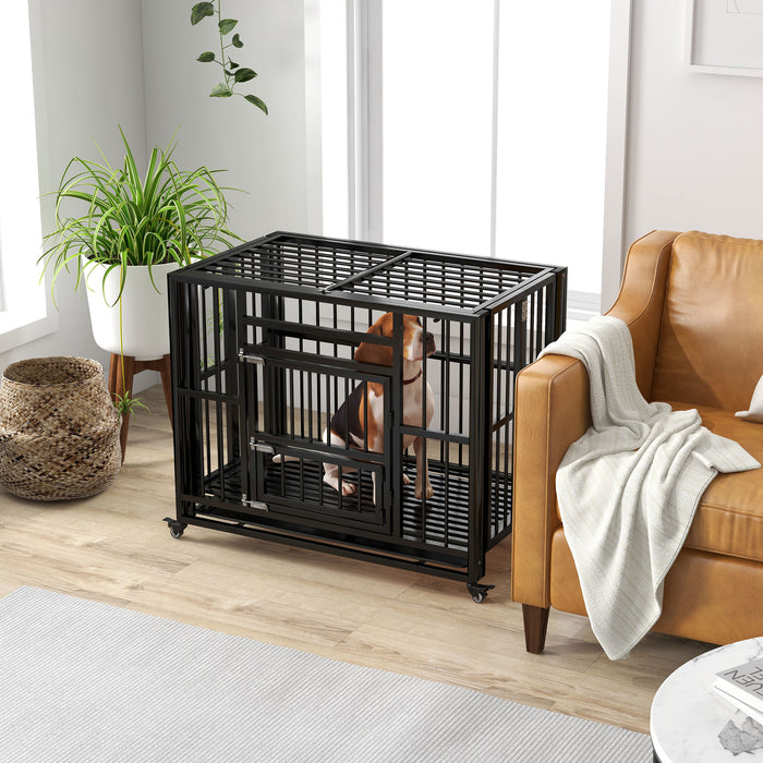 Heavy Duty 37" Foldable Dog Crate with Openable Top and Locks - Durable Dog Cage with Removable Tray and Wheels - Ideal for Secure Pet Confinement and Transportation