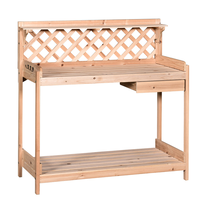 Wooden Garden Potting Table with Drawer - Flower Planting Workstation with Tool Storage and Shelves - Perfect for Gardeners and Outdoor Plant Care