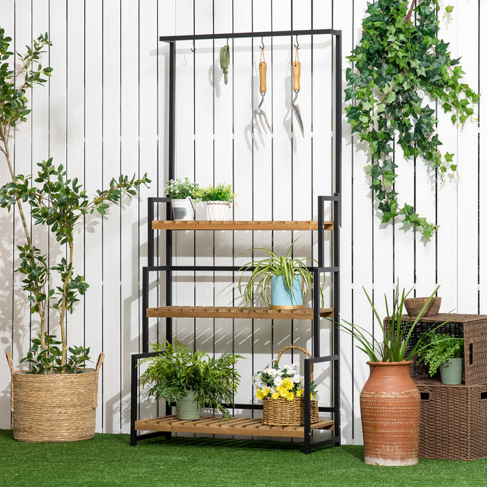 3-Tier Plant Display Stand with Hanging Hooks - Sturdy Flower Rack for Indoor & Outdoor Use - Perfect for Porch, Balcony, Living Room, and Bedroom Decoration
