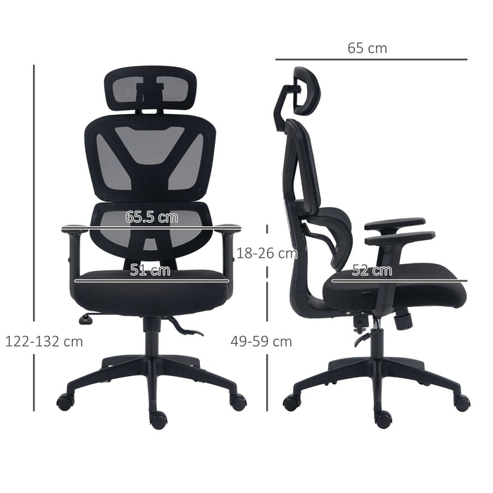 Ergonomic Mesh Office Chair - Height Adjustable with Lumbar Support, Swivel Wheels & Adjustable Headrest - Comfortable Seating for Desk Work, Black