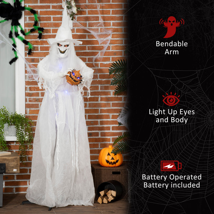 White Witch with Pumpkin Head - 72" Halloween Decoration, Light-Up Eyes, Motion-Activated Standing Skeleton Ghost Prop - Ideal for Haunted House and Seasonal Decor