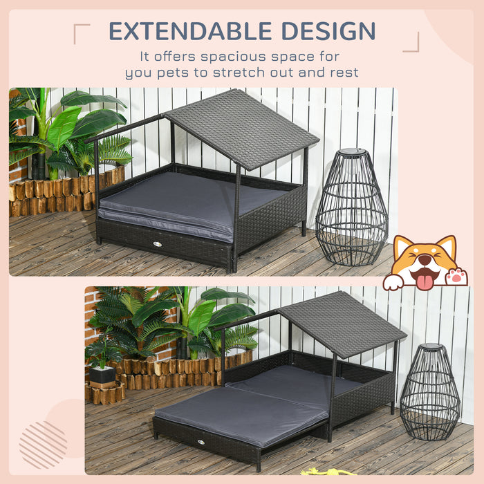 Extendable Elevated Canine Lounger - Rattan Pet Abode with Water-Resistant Top, Detachable Plush Padding - Ideal for Small to Medium Dogs in Stylish Grey
