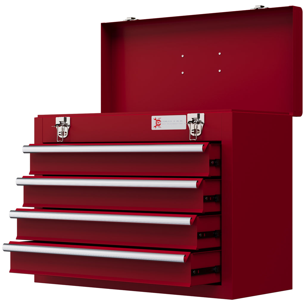 4-Drawer Lockable Metal Tool Chest with Latches and Ball Bearing Slides - Sturdy Red Storage Organizer for Workshops and Garages - Secure Tool Organization for Professionals and DIY Enthusiasts