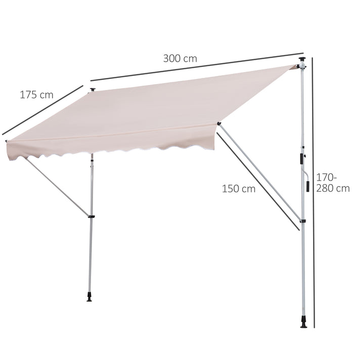 Manual Retractable Awning 3x1.5m - Aluminium Frame Garden Patio Sun Shade Shelter, Beige - Adjustable Canopy for Outdoor Protection