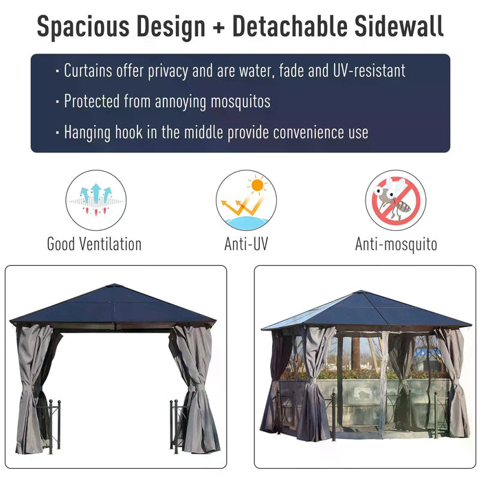 Hardtop Gazebo Canopy with Polycarbonate Roof 3 x 3m - Steel & Aluminium Garden Pavilion, Mosquito Netting and Curtains in Black - Ideal Outdoor Shelter for Entertainment and Relaxation
