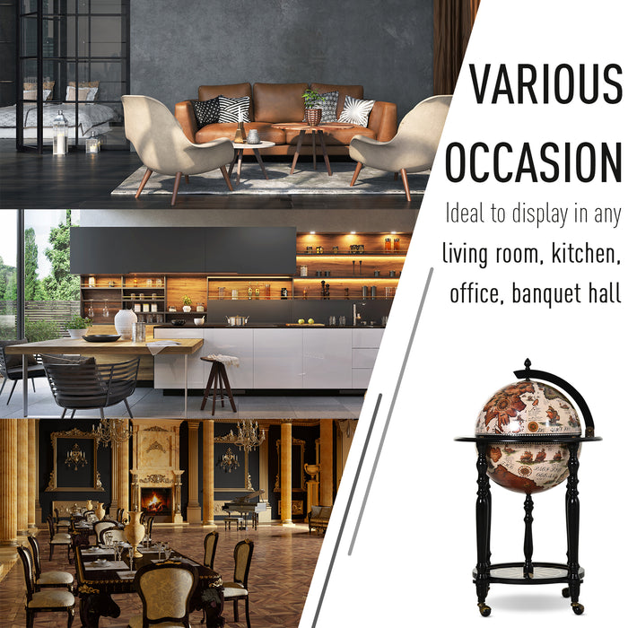 Elegant Globe-Shaped Drinks Cabinet with Wood Frame - Mobile Bar Cart with 3 Compartments, Bottom Shelf, and 4 Wheels - Sophisticated Safe Storage for Bottles and Glasses, Antique Brown and Beige Design