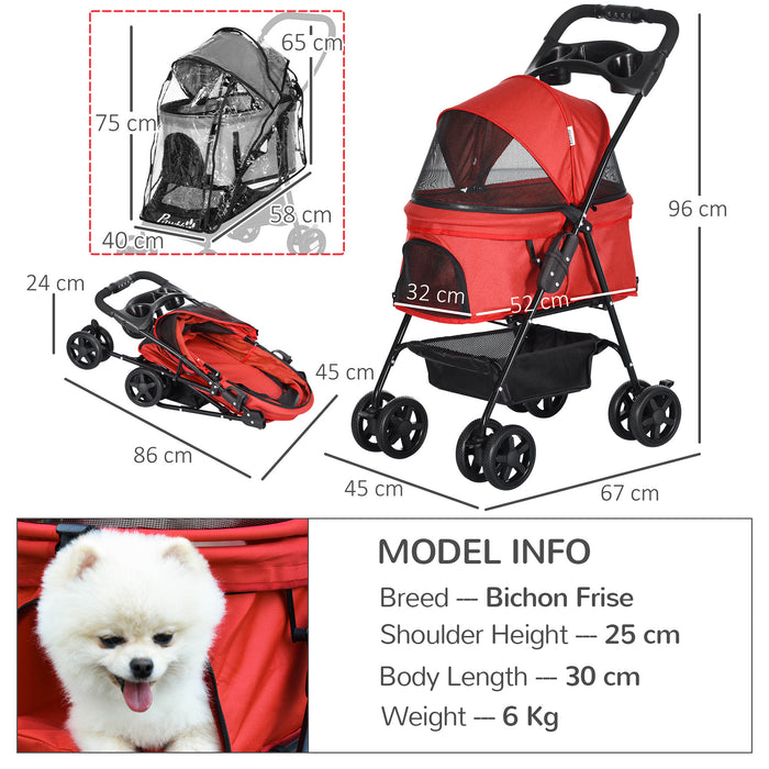 Foldable Dog Stroller with Waterproof Rain Cover - Easy One-Click Folding Pushchair, EVA Wheels, Brake System, Storage Basket, and Adjustable Canopy - Ideal for Safe, Comfortable Pet Transportation