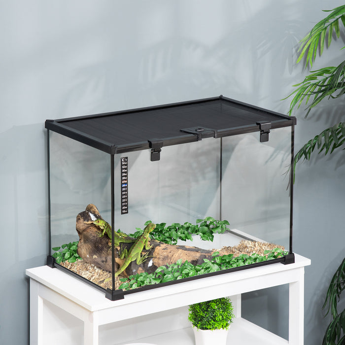Reptile Glass Terrarium (50x30x35cm) - Climbing Pet Habitat with Breeding Tank, Arboreal Box Features - Includes Strip Patch Thermometer for Temperature Monitoring