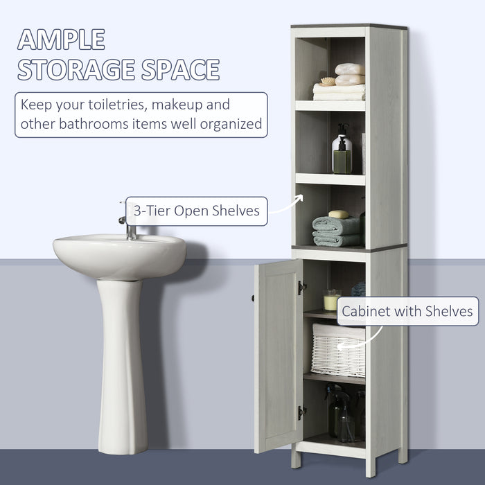 Slimline Antique White Bathroom Tower Cabinet - Freestanding Design with 3 Open Shelves & Adjustable Interior Shelf - Space-Saving Storage Solution for Toiletries and Linens