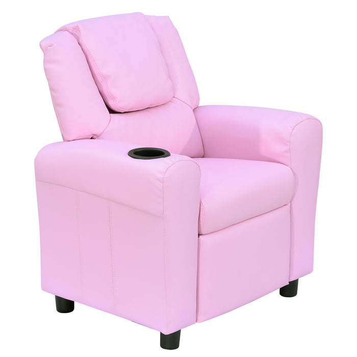 Kids' Cozy Reclining Chair with Refreshment Cupholder - Comfy Pink Armchair for Children - Perfect for Reading & Relaxation Spaces