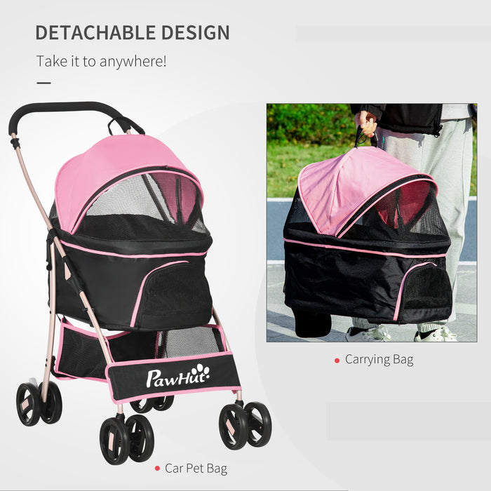 3-In-1 Detachable Pet Stroller - Dog and Cat Travel Carriage with Foldable Design, Universal Wheel Brake, Canopy, and Storage Basket - Ideal for Pet Transportation in Pink