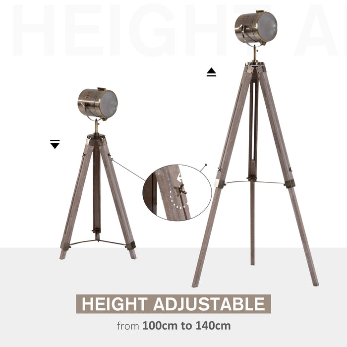 Vintage Tripod Floor Lamp - Industrial Retro Style Spotlight with Antique Searchlight Design - Classic Lighting Decor with Wooden Base for Photographers & Vintage Enthusiasts