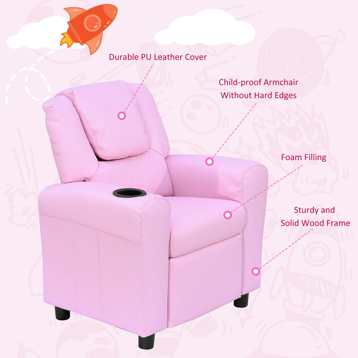 Kids' Cozy Reclining Chair with Refreshment Cupholder - Comfy Pink Armchair for Children - Perfect for Reading & Relaxation Spaces
