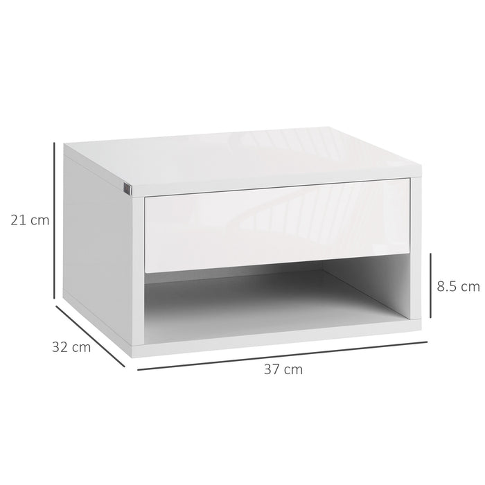 Wall-Mounted High Gloss White Nightstand Set with Drawer & Shelf - Contemporary 2-Piece Bedside Table for Bedrooms - Space-Saving Furniture for Home Organization & Decor