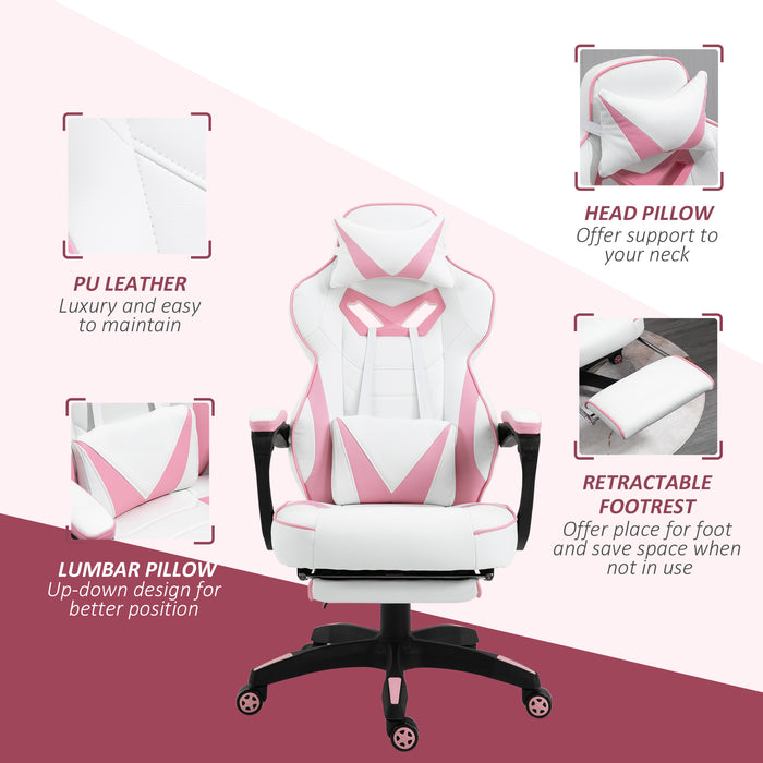 Ergonomic Racing Gamer Chair with Adjustable Features - Rolling Office Desk Chair with Headrest, Lumbar Support & Retractable Footrest in Pink - Ideal for Comfortable Gaming & Productive Work Environments