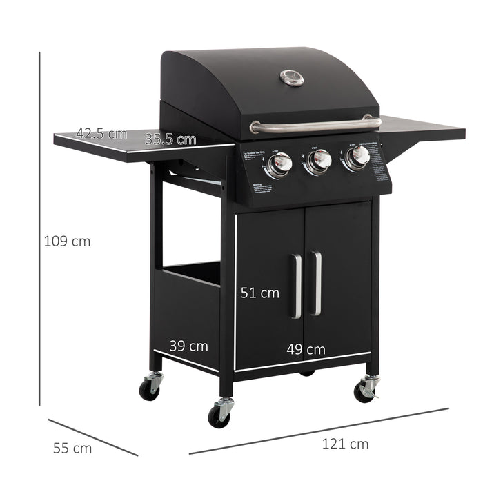 3 Burner Gas BBQ Grill - Portable Outdoor Barbecue with Warming Rack, Side Shelves, Storage Cabinet & Built-In Thermometer - Ideal for Patio Cooking & Entertaining