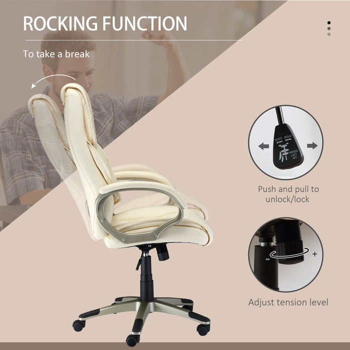 Ergonomic Faux Leather High-Back Office Chair - Adjustable Height, Rocking Feature, Computer Desk Seating in Cream White - Ideal for Home Office Comfort and Style