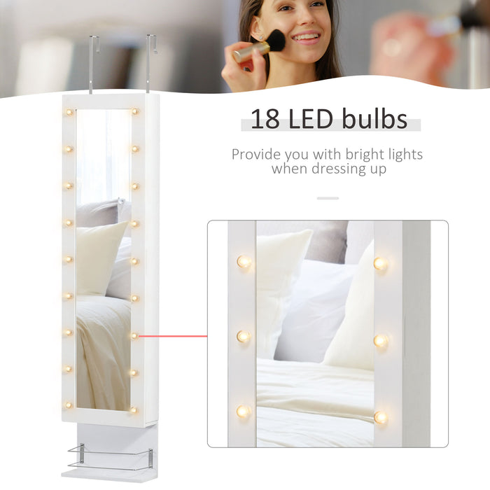 Wall-Mounted Jewelry Storage Mirror with Vanity Makeup Area - Hooks, Shelves, Drawer, 18 LED Lights & Brush Holder - Ideal for Organizing Accessories & Beauty Routine