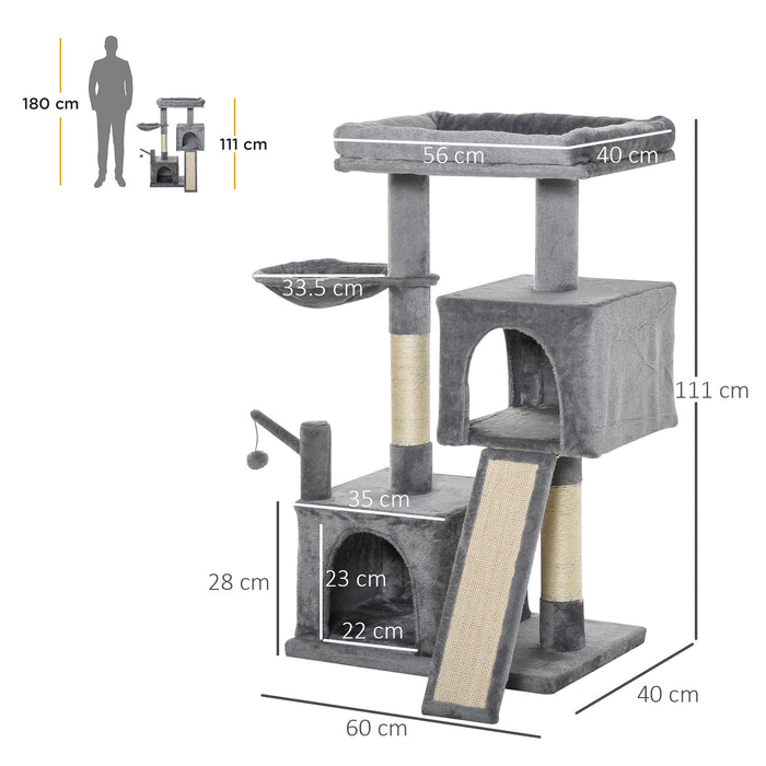 Cat Tree Tower - 111cm Kitten Activity Centre with Sisal Scratching Posts, Perches, Hanging Ball, Hammock & Condo - Ideal for Feline Play & Relaxation