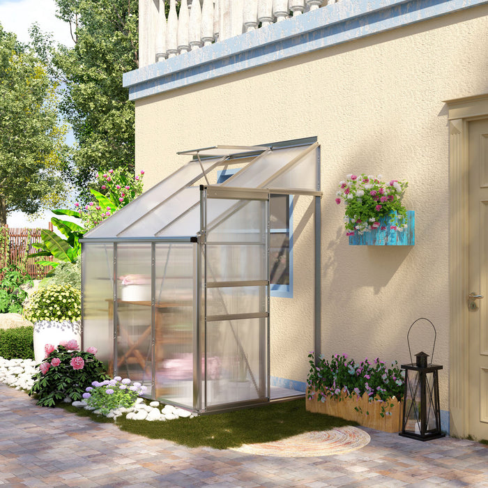 Polycarbonate Lean-to Garden Greenhouse - 6x4 ft Walk-In Structure with Adjustable Roof Vent and Sliding Door - Ideal for Urban Gardening with Limited Space