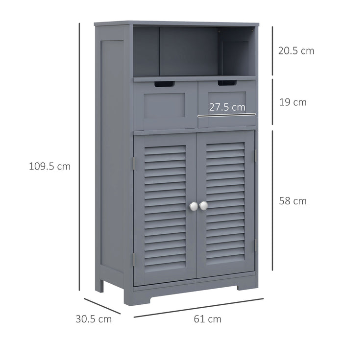Bathroom Storage Organizer with Louvred Doors - Drawer Cabinet with Open Compartment & Adjustable Shelving - Space-Saving Solution for Washroom Essentials, Grey