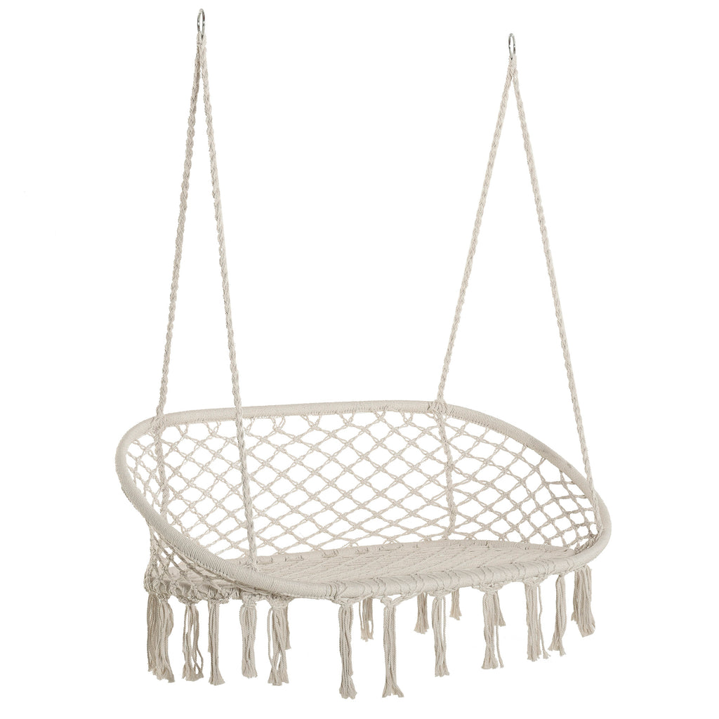 Cotton Rope Hanging Hammock Chair - Sturdy Metal Frame with Large Macrame Seat for Indoor and Outdoor - Cozy Swing for Patio, Garden, Bedroom, and Living Room in Cream White