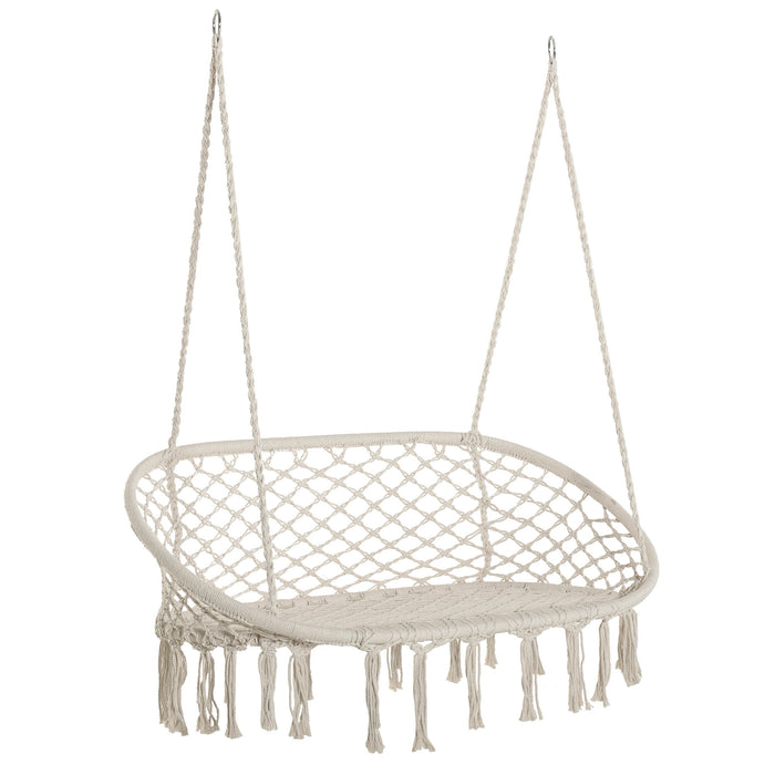 Cotton Rope Hanging Hammock Chair - Sturdy Metal Frame with Large Macrame Seat for Indoor and Outdoor - Cozy Swing for Patio, Garden, Bedroom, and Living Room in Cream White