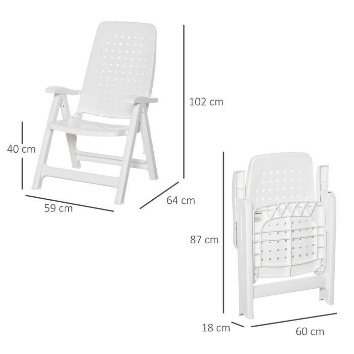 Folding Plastic Dining Chair Pair with 4-Position Adjustable Back - Reclining Armchairs for Versatility - Ideal for Indoor & Outdoor Events and Camping in White