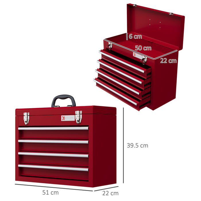 4-Drawer Lockable Metal Tool Chest with Latches and Ball Bearing Slides - Sturdy Red Storage Organizer for Workshops and Garages - Secure Tool Organization for Professionals and DIY Enthusiasts
