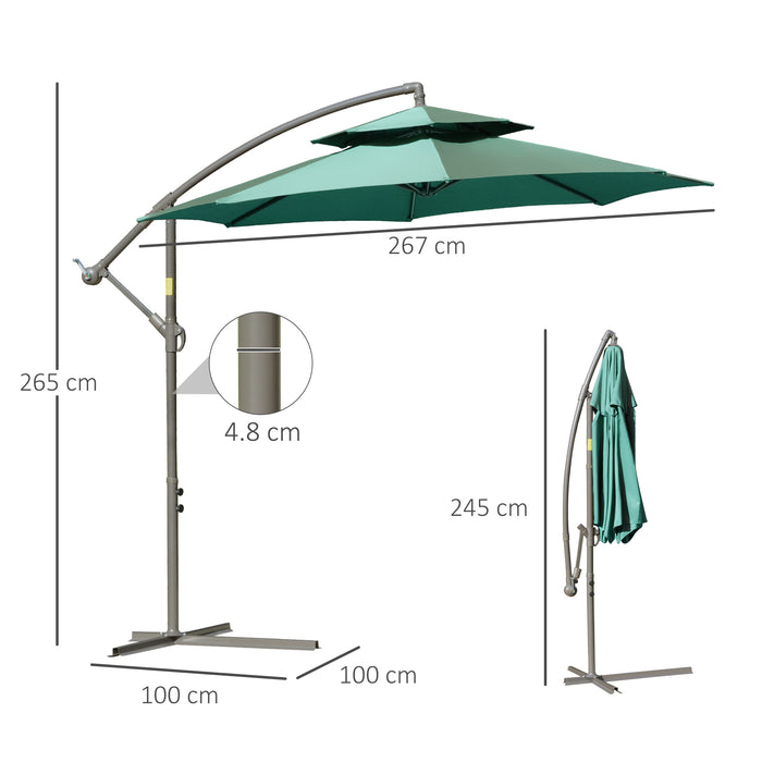 Banana Parasol Cantilever Umbrella - 2.7m with Crank Handle, Double Tier Canopy, Cross Base, Outdoor Hanging Sun Shade - Ideal for Patio, Backyard or Poolside Shade in Green