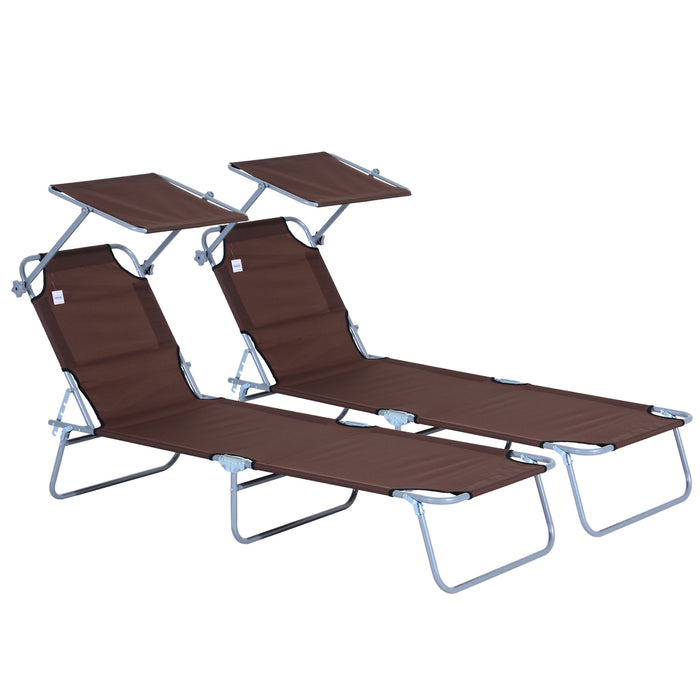 Outdoor Folding Sun Lounger Pair with Canopy - Adjustable Patio Reclining Chairs with Mesh Fabric, Brown - Ideal for Garden Relaxation and Sunbathing