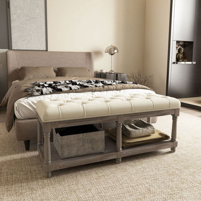 Vintage-Style Cream White Shoe Rack Bench - 2-Tier Storage with Button Tufted Upholstered Cushion - Wooden Entryway Bench for Hallway and Living Room