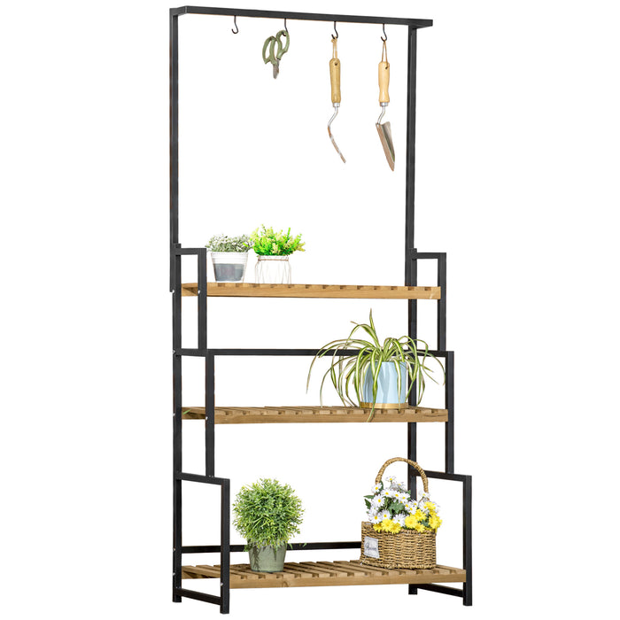 3-Tier Plant Display Stand with Hanging Hooks - Sturdy Flower Rack for Indoor & Outdoor Use - Perfect for Porch, Balcony, Living Room, and Bedroom Decoration