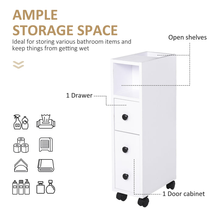 Slimline Freestanding Storage Cabinet - 2 Drawers, Open Shelving, Wheels, and Handles - Space-Saving Organizer for Bathroom or Home Office